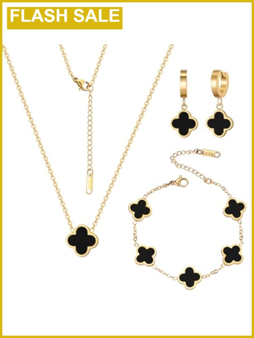 18K Gold Plated Lucky Clover Jewelry Set Necklace Bracelet Earrings